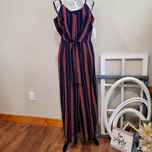 NWT Boho Womens‎ SZ 6 Navy striped pattern jumpsuit with spaghetti straps
